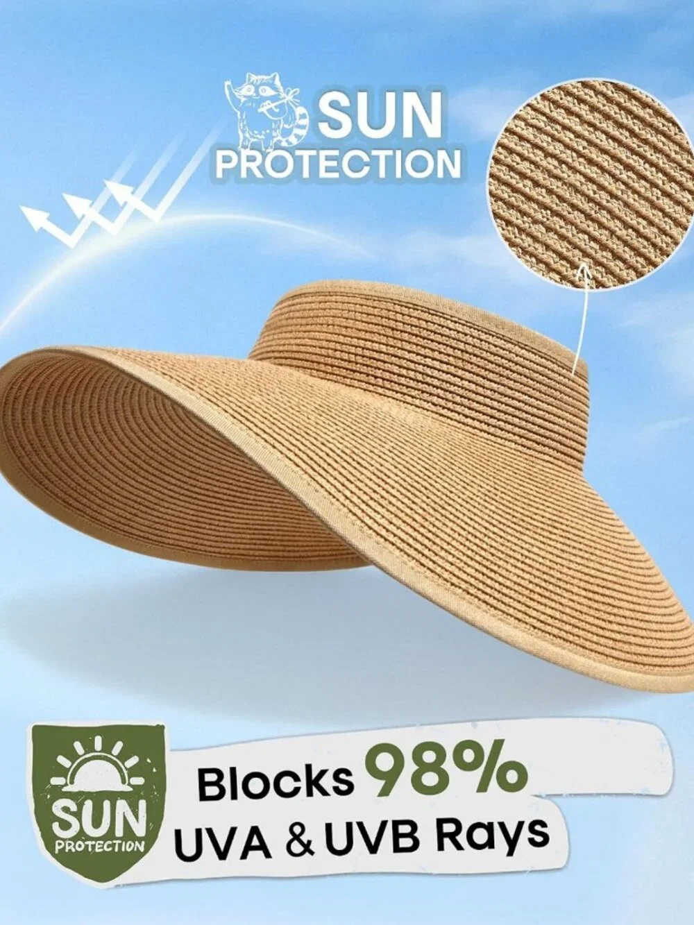 Wide Brim Ponytail Straw Visor Hat | UV Protection, Adjustable, Foldable Beach